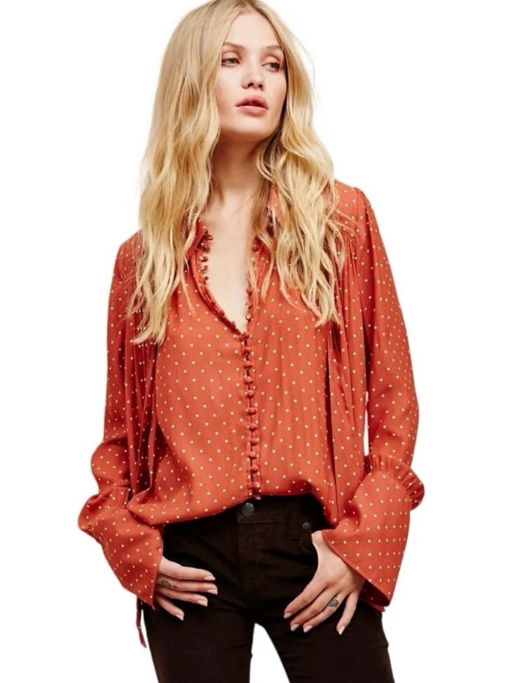 Free People Rust Orange Polka Dot Ruffle Blouse